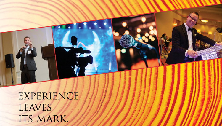 A showcase of David Twigger presenting, with the text "experience leaves its mark."